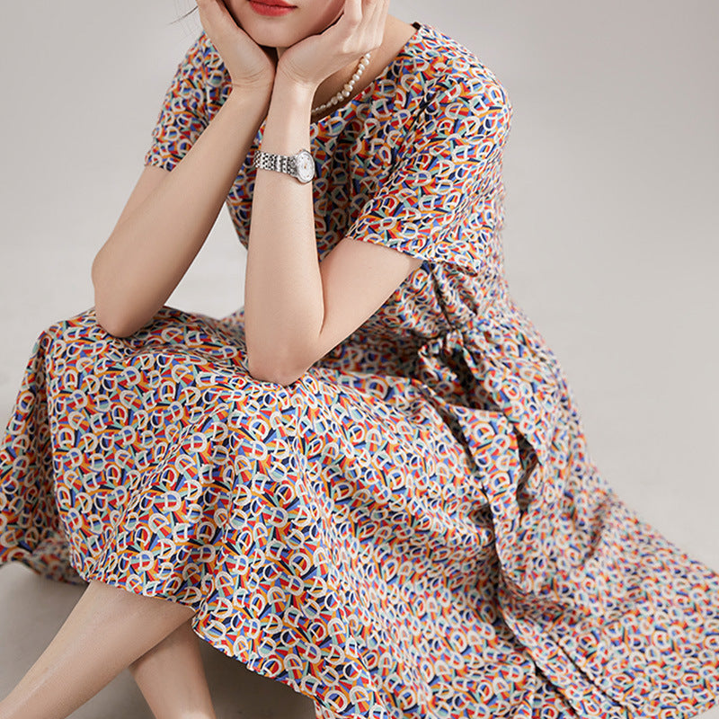 2025 Gentle floral skirt, high sense new printed summer women's clothing lace-up A-word medium and long dress summer