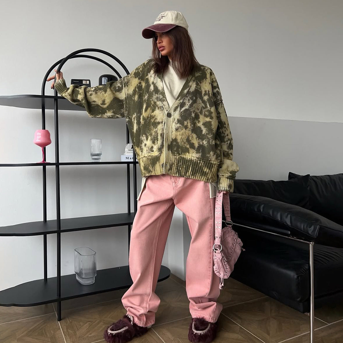 street personalized style color camouflage knitted sweater cardigan niche loose V-neck jacket female trendy brand Popular trade