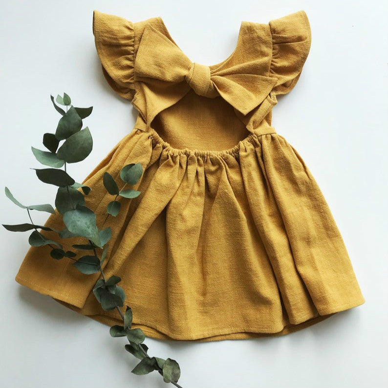 New Girls' Dress Baby Cotton and Linen Solid Color Children Shirt Bow Princess Dress Pettiskirt European and American Children