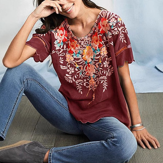 2025 summer  Popular trade women's clothing  short-sleeved embroidered top embroidered shirt crew neck shirt new