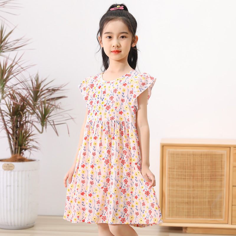 VLOVELAW Girls Dress Kids' Skirt Summer Baby Cotton Silk Floral Skirt Baby Girl Short Sleeve Princess Dress Clothes Children's Clothing