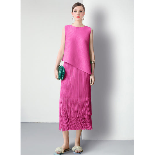 Miyake fashion pleated suit women's summer style Popular style sweet irregular vest top fringed skirt two-piece set