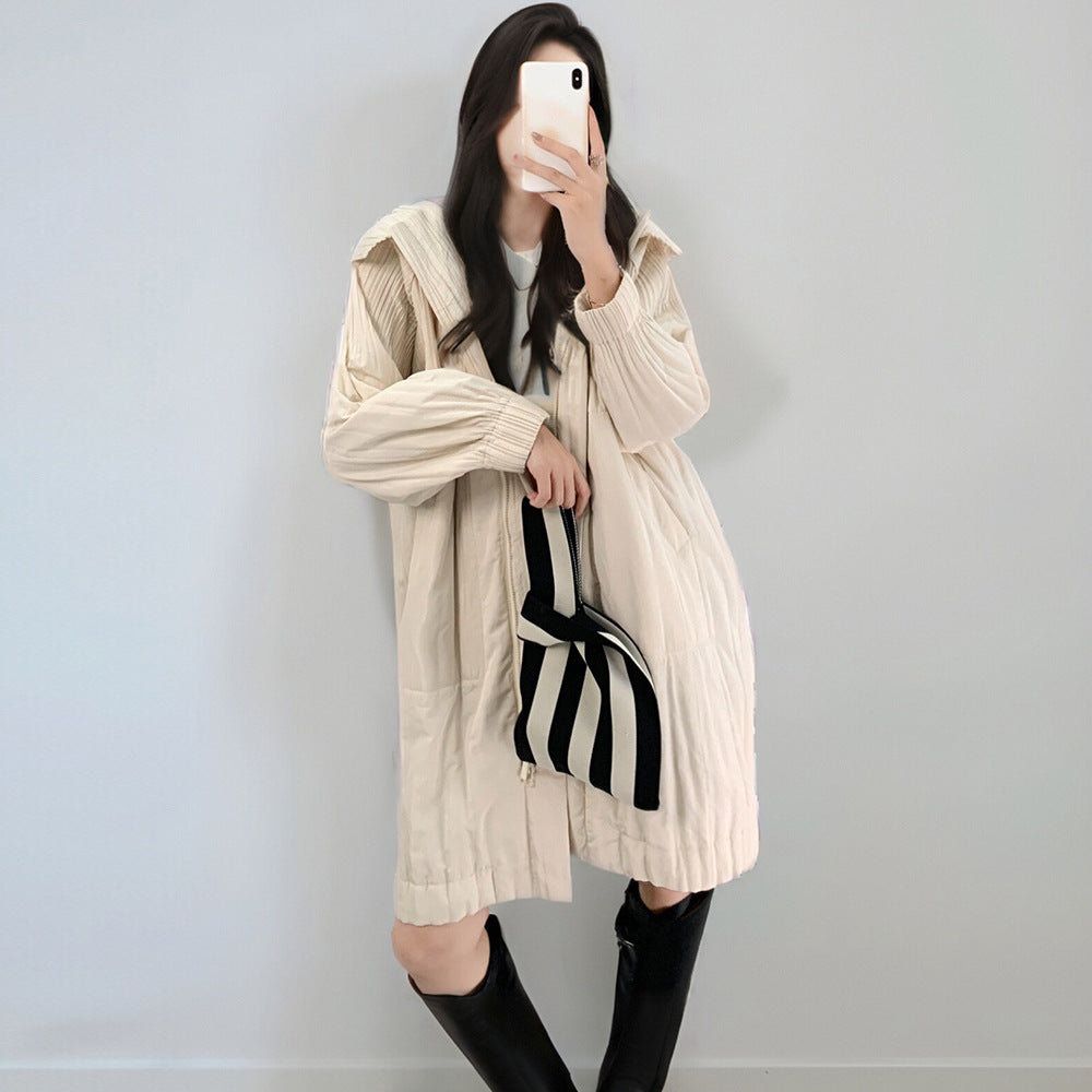 2025 Cotton jacket down jacket women's high-end women's small medium and long pleated new loose versatile pleated cotton coat