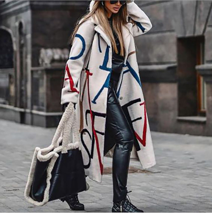In stock! New autumn and winter new women's clothing loose large size printed trench coat lapel coat coat women
