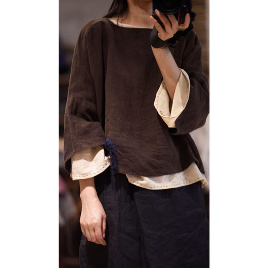 2025    22/8 Xiaohe, early autumn literary and retro linen round neck pullover shoulder seven-quarter sleeve short linen shirt