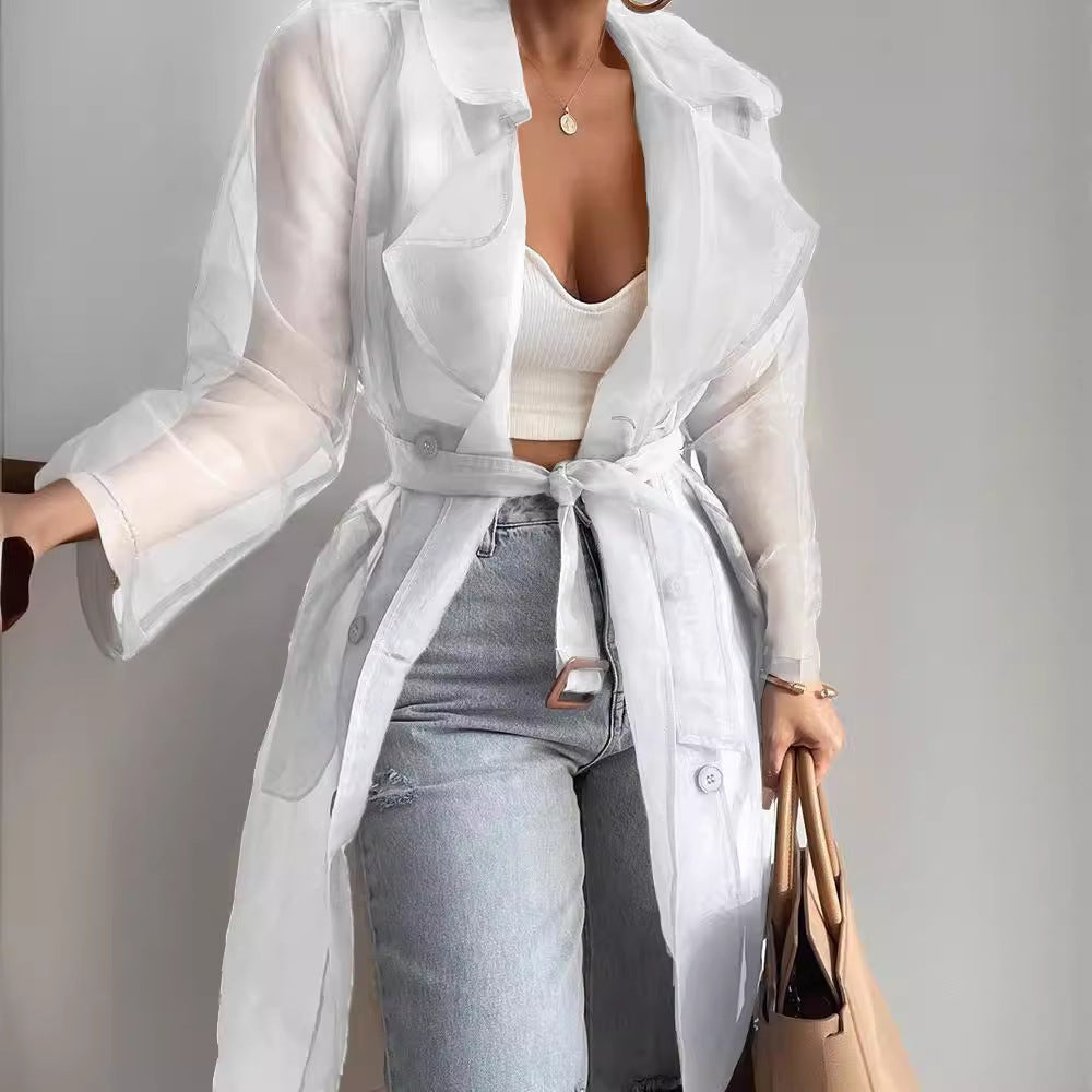 VLOVELAW 5813# Spring and Summer Solid Color Loose Thin Lantern Sleeve Cardigan Mid-Length Shirt Coat