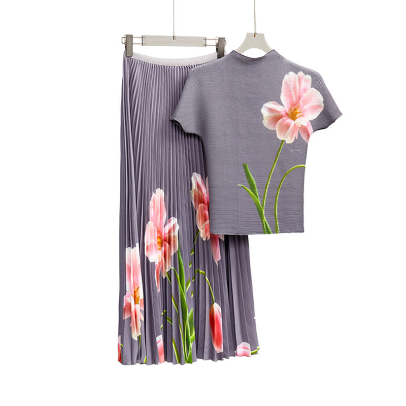 2025 Popular trade explosive suit women's clothing summer new printed T-shirt top short-sleeved long skirt two-piece set