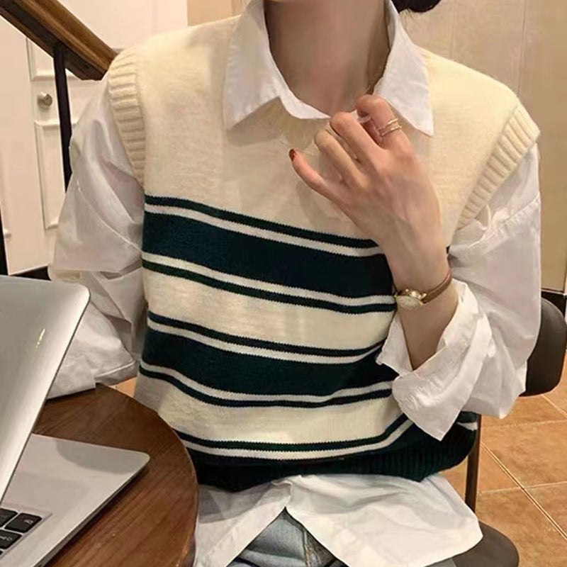 VLOVELAW Contrasting striped knitted sweater vest new stacked college casual loose and thin sleeveless sweater vest vest women