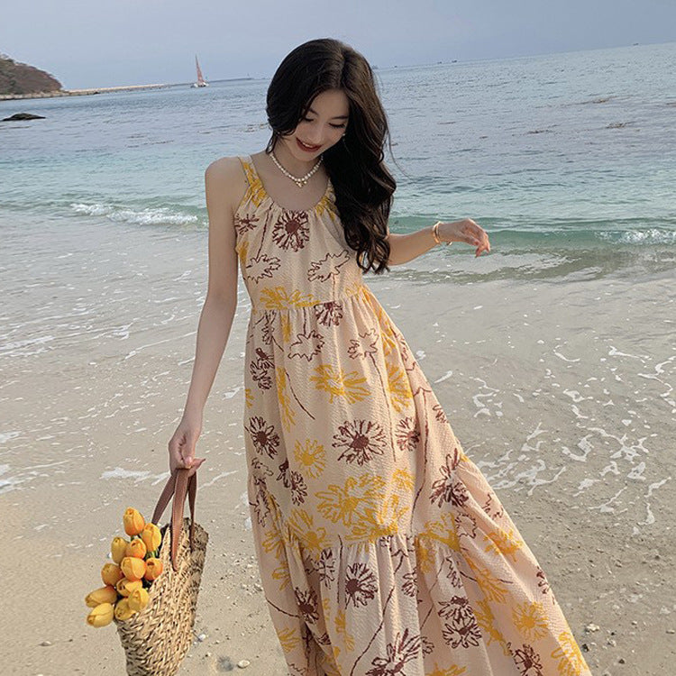 2025 Printed suspender halter bow Japanese vacation seaside dress atmosphere loose big skirt beach skirt summer