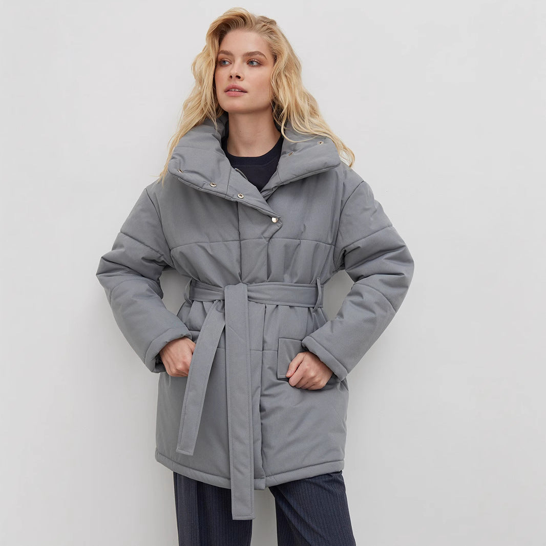 KKBOXLY Cross-border stand-up collar cotton jacket, 2025 New autumn and winter new temperament belt irregular medium and long cotton jacket