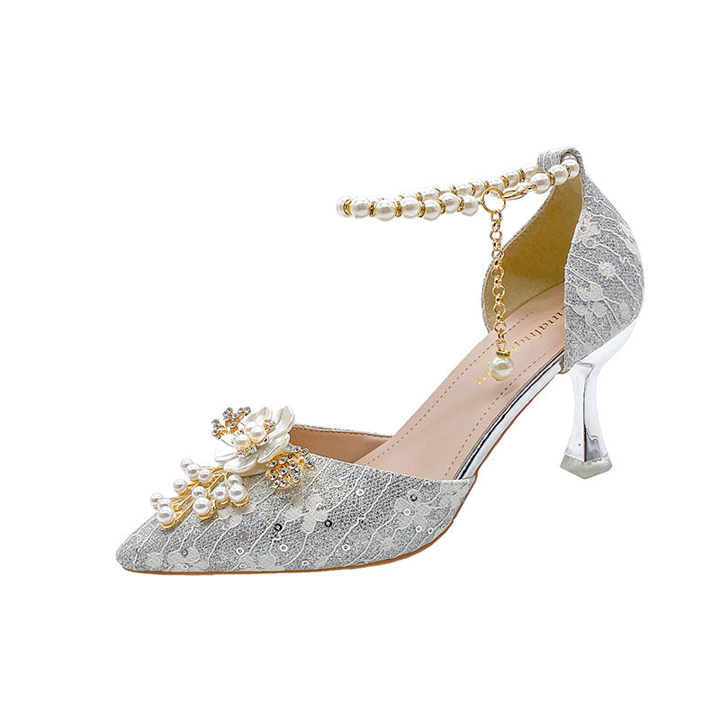 High Heel Wedding Shoes Women's Four Seasons New Lace-up Beaded Bride Toasting Xiuhe Wedding Dress Two-Way Wear Not Tired Women's Shoes