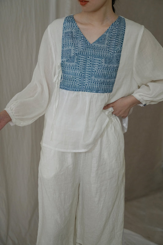 national style literary and artistic diagonal shirt contrasting ramie shirt, retro light Chinese pastoral lace-up top S22264