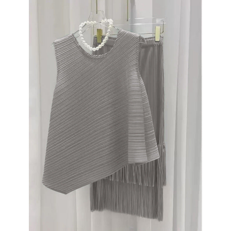 Miyake fashion pleated suit women's summer style Popular style sweet irregular vest top fringed skirt two-piece set
