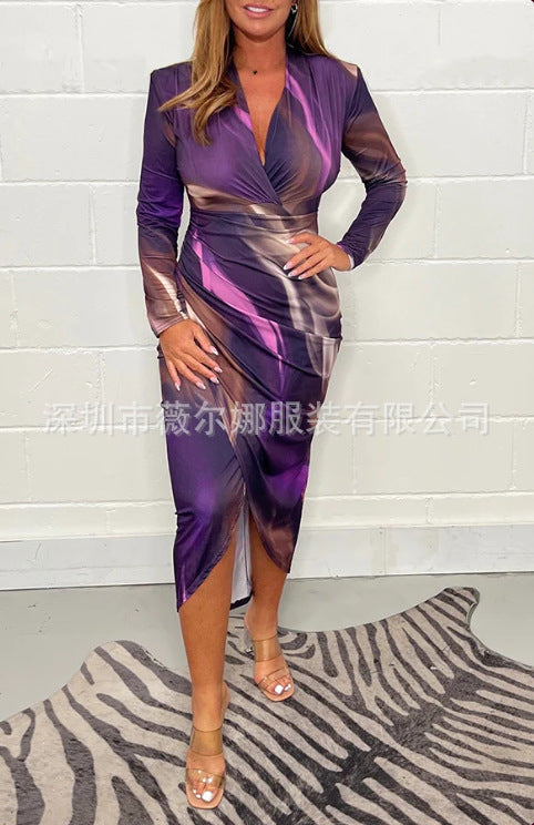 XIEYINSHE Fall European and American Cross-Border Foreign Trade New V-neck Fashion Printed Slim Fit Long Sleeve Narrow Dress