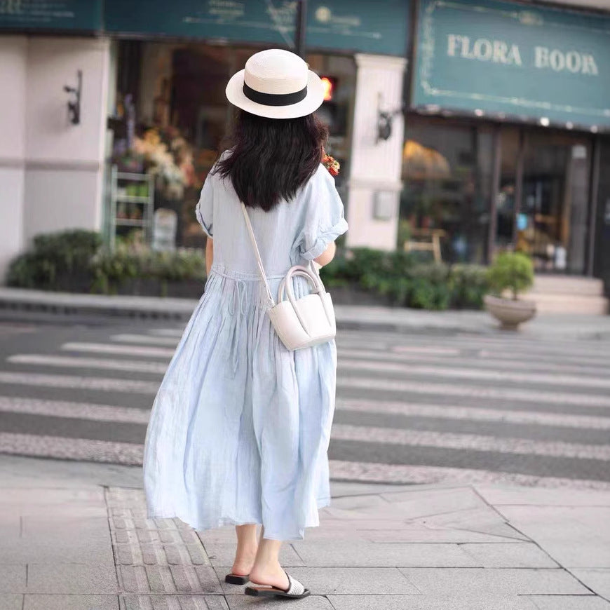 Spring and summer dress women's skirt long skirt blue heavy industry organ pleated ramie crew neck college skirt 220625