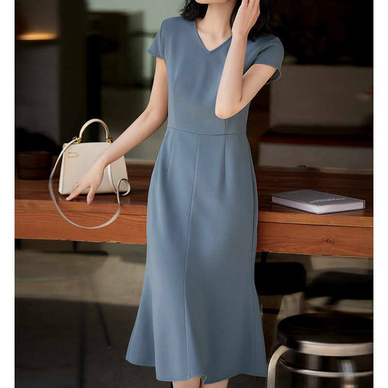 2025 Triacetic acid fishtail skirt, thousand gold waist dress V-neck medium and long Hangzhou four-season green women's clothing spring and summer