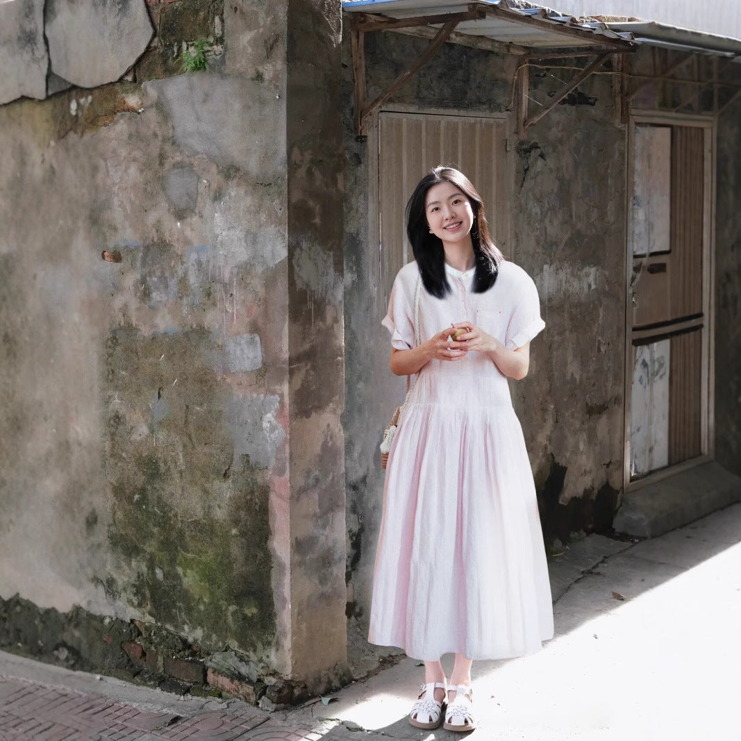 Spring and summer dress women's skirt long skirt blue heavy industry organ pleated ramie crew neck college skirt 220625