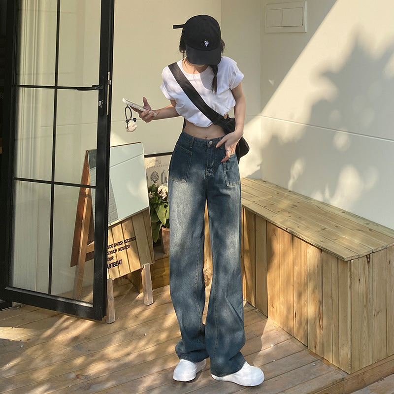 Licshe# American Jeans Women's 2025 Spring New Loose Wide-Leg Pants High Waist Straight Slimming Women's Wear Pants