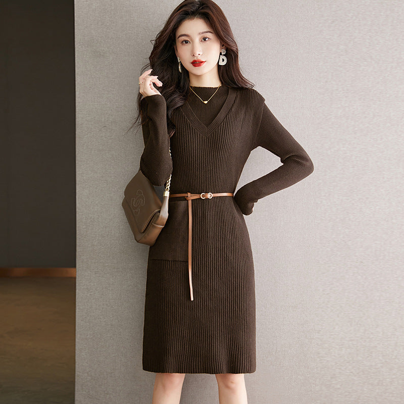 VLOVELAW elegant knitted sweater two-piece skirt autumn and winter new lace-up waist vest medium and long dress women