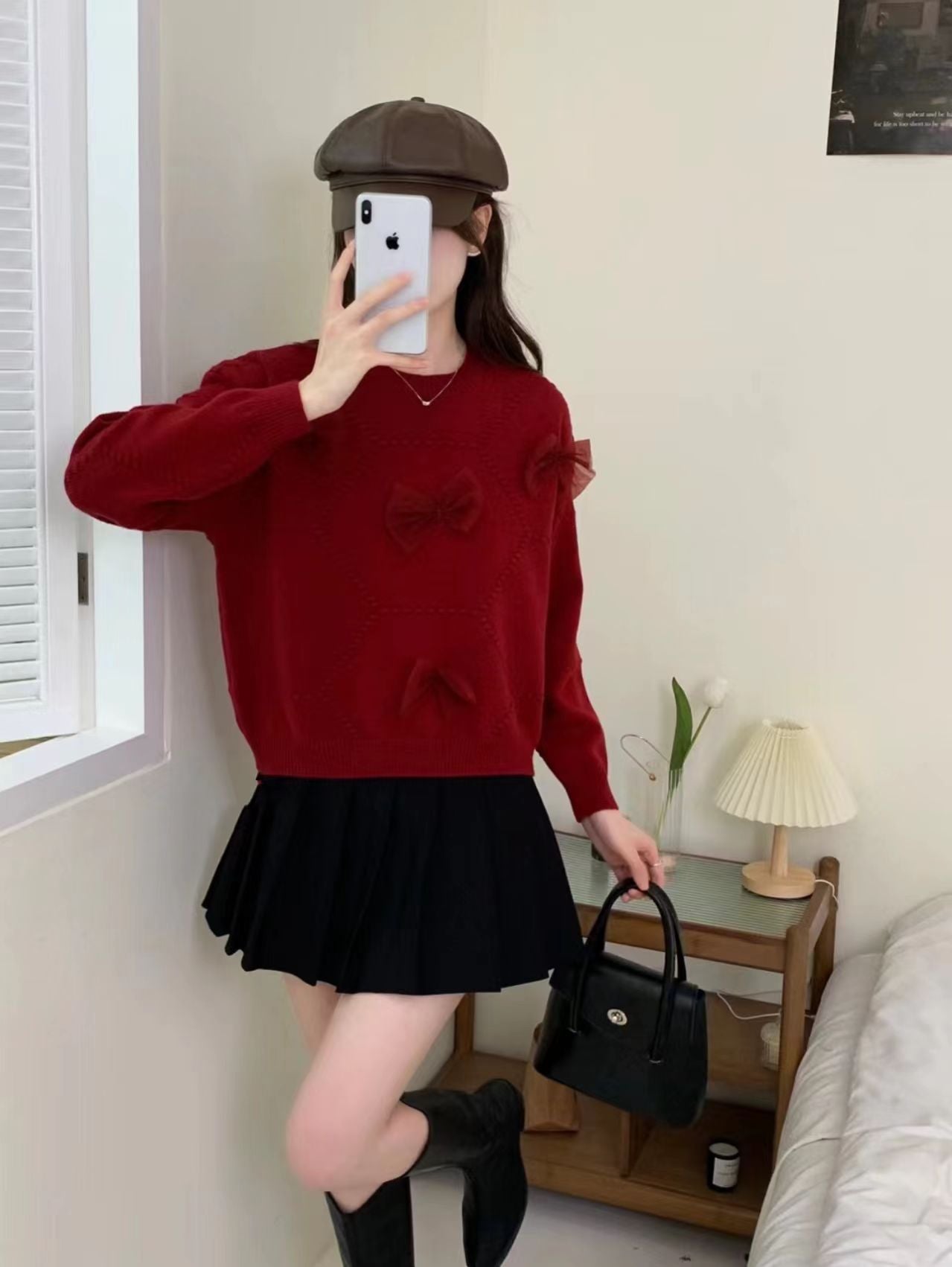 VLOVELAW Loose long-sleeved casual ribbon bow design round neck pullover slim knitted sweater women's European spring and autumn top