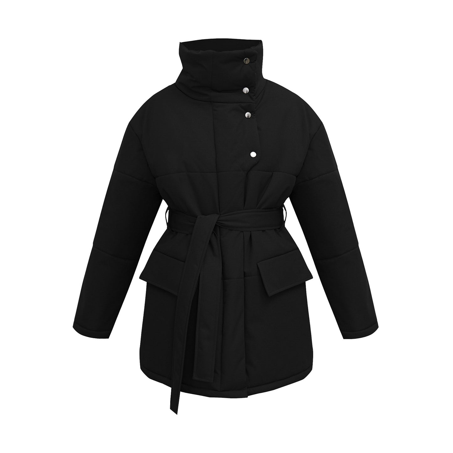 KKBOXLY Cross-border stand-up collar cotton jacket, 2025 New autumn and winter new temperament belt irregular medium and long cotton jacket