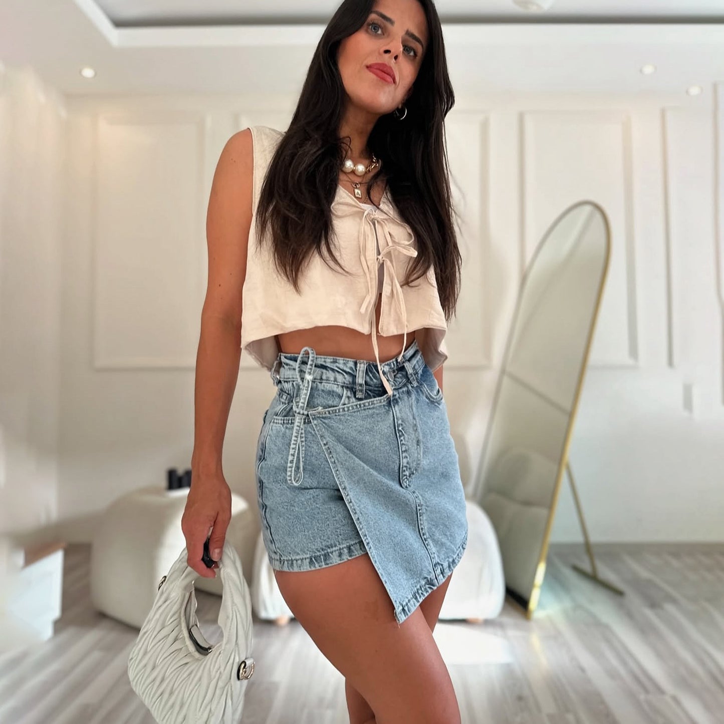 n trendy brand design sense lace-up dislocation fake two-piece jeans skirt short high waist irregular Spice girl retro woman