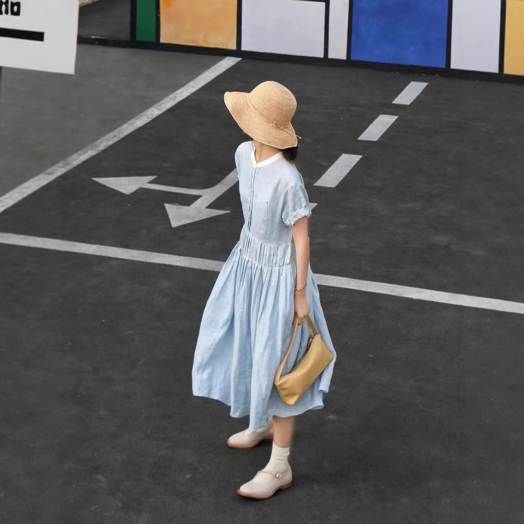 Spring and summer dress women's skirt long skirt blue heavy industry organ pleated ramie crew neck college skirt 220625