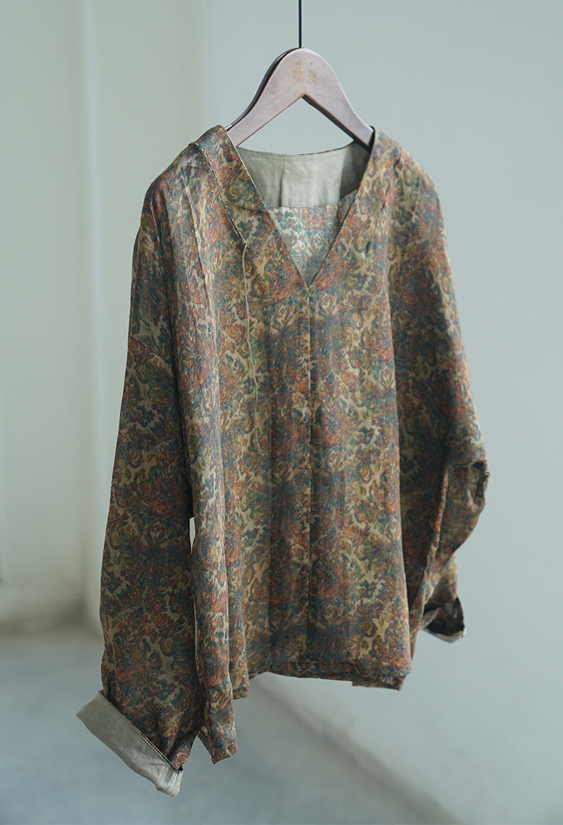 retro V-neck ramie pullover shirt, national style classical printing Song cool top S22208