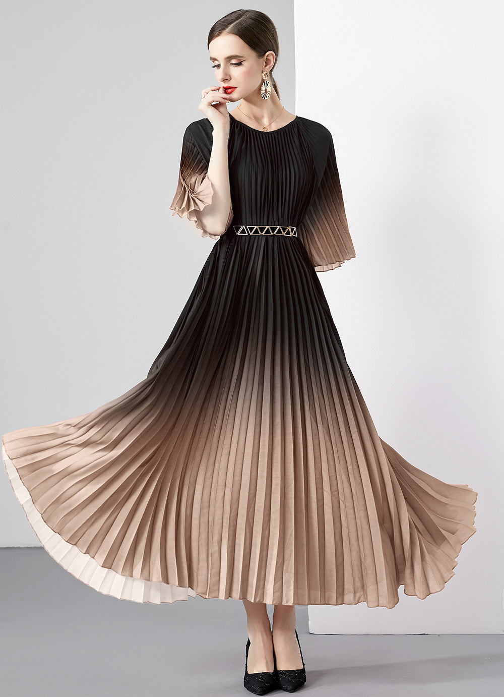 Folded dress summer long dress round neck medium sleeve gradual change lace-up design dress skirt