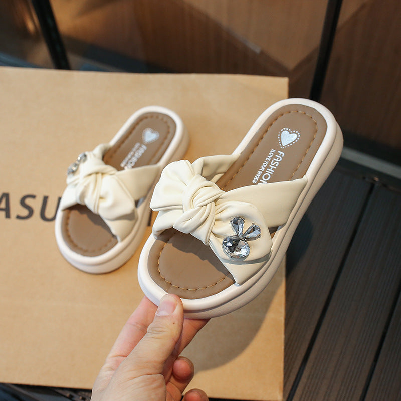 VLOVELAW Girls' Princess Outdoor Slippers Summer New Fashion Big Bow Soft Bottom Semi Slippers Little Girl Sandals