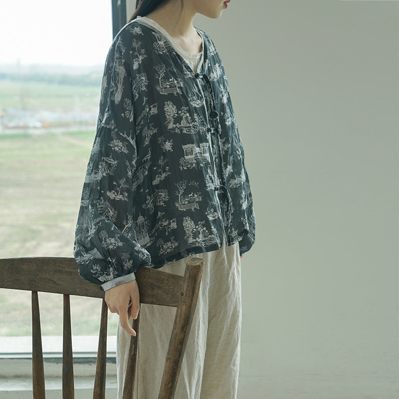retro pair ramie printed shirt, casual age-reducing lantern sleeve cardigan sunshade S22207