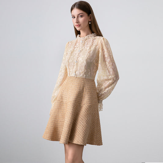Lace shirt dress women popular autumn and winter socialite lady sweet temperament fake two A-shaped dress