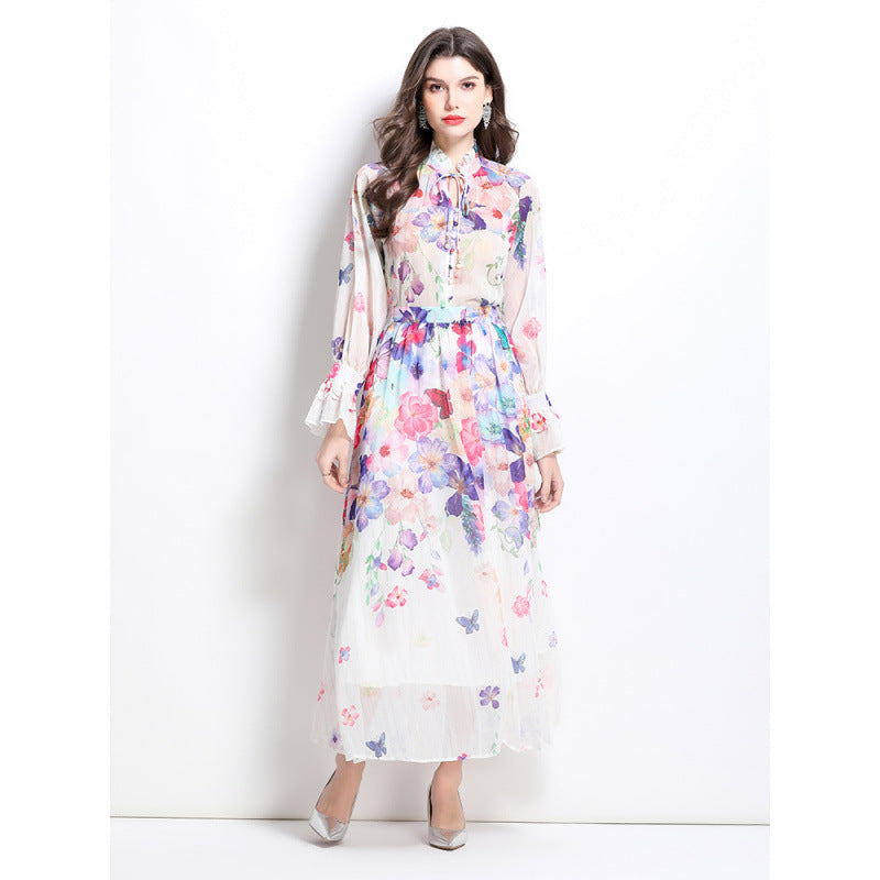 celebrities high-end lace-up flared sleeves printed chiffon top women's high waist hanging big swing skirt set