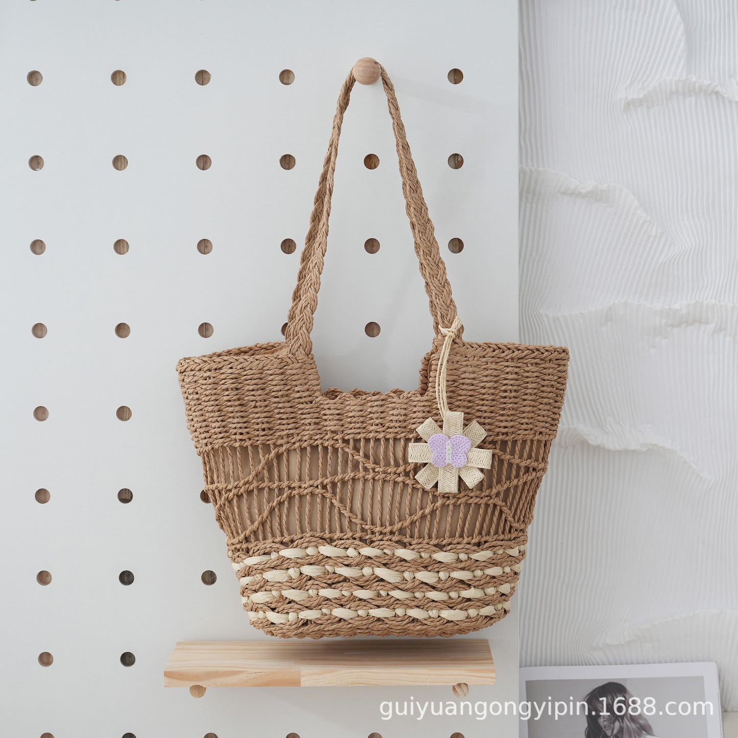 VLOVELAW Woven Straw Shoulder Bag Versatile Large Capacity Tote Bag with Lining Hollow HAILANG Corrugated Summer Beach Women's Bag