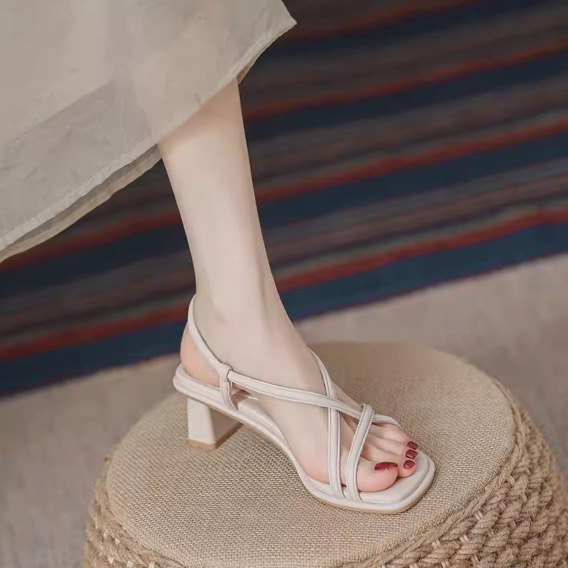 VLOVELAW Style High-Grade Open Toe Sandals for Women Summer New Elegant Chunky Heel Cross Strap Fashionable All-Match Roman Shoes