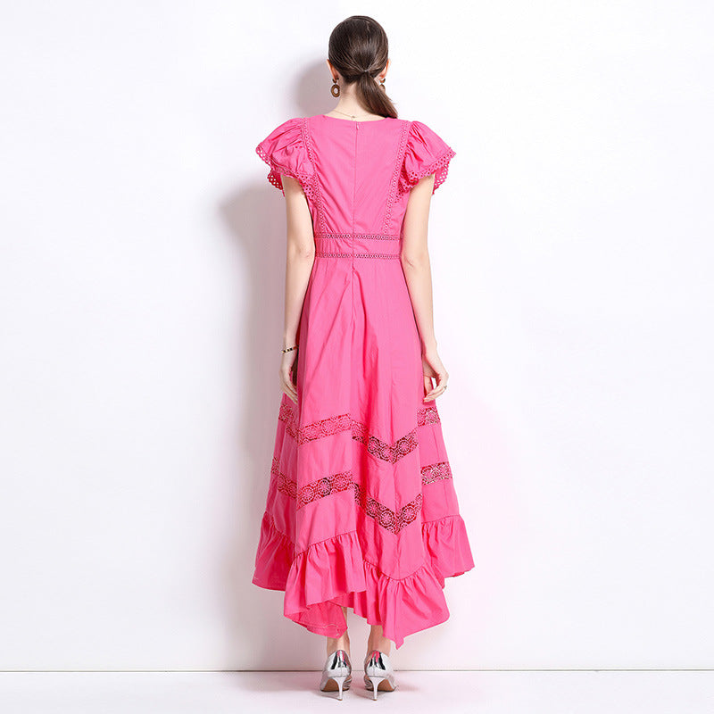 Crew neck lantern sleeve pleated waist princess style printing dress skirt mesh splicing dress spring new