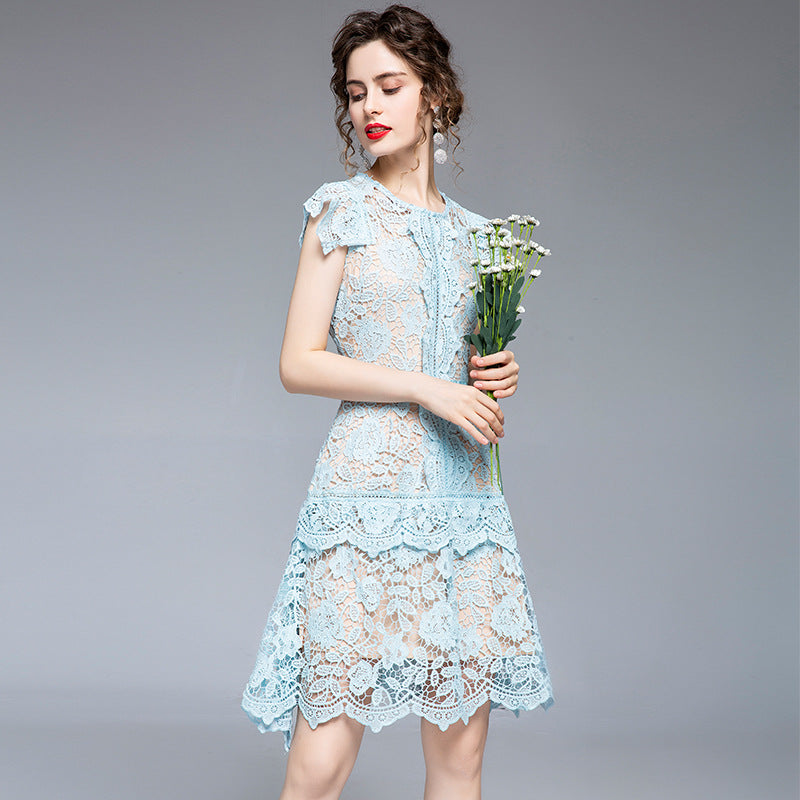 2021 summer new women's clothing heavy industry lace irregular fan skirt flying sleeves scheming slim dress