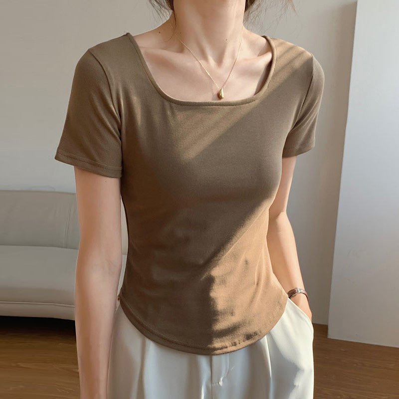 VLOVELAW 260G Selection Pure Cotton T-shirt Women's Summer Short Sleeve New Irregular Curved Slim Slimming U Collar Bottoming Top