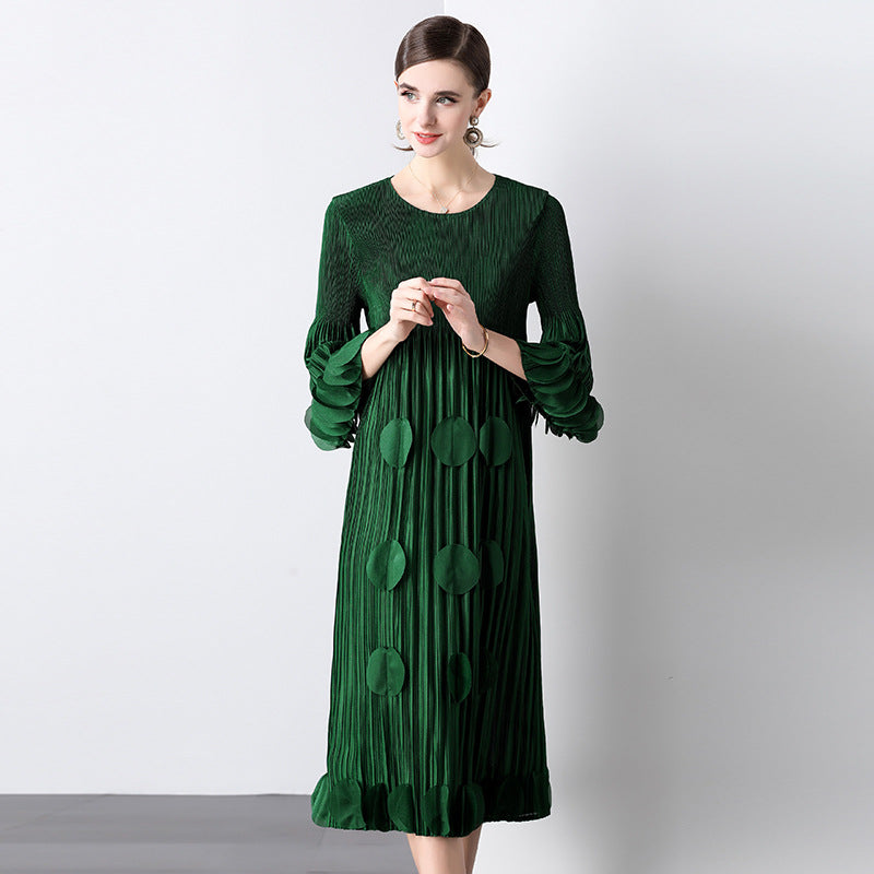 Fungus edge large size loose pleated dress women's new high-end Popular style commuter Miyake dress skirt