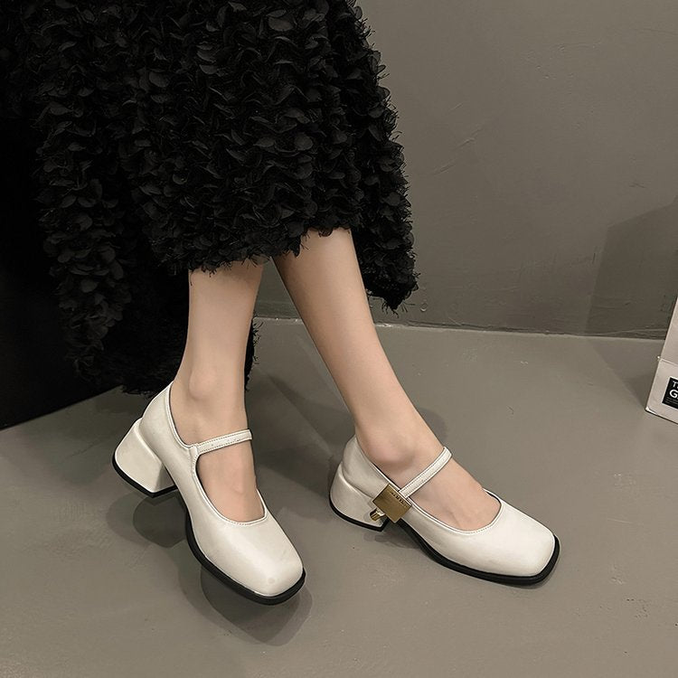 With Skirt High Heel Pumps Low Mouth Autumn and Winter Korean Style Women's Shoes Retro Black Mary Jane Shoes Small Leather Shoes