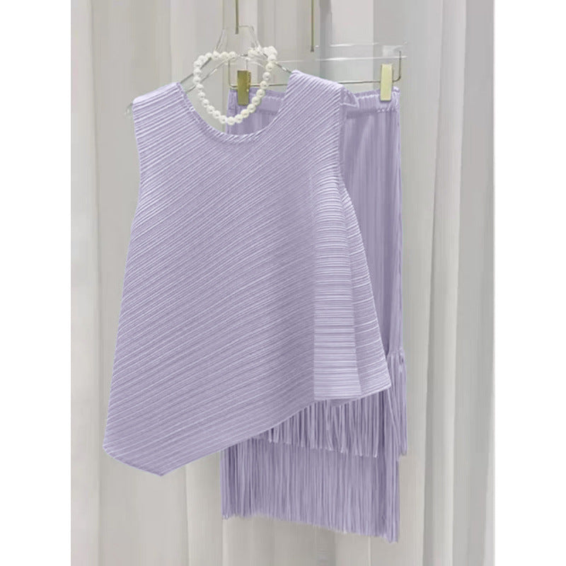 Miyake fashion pleated suit women's summer style Popular style sweet irregular vest top fringed skirt two-piece set