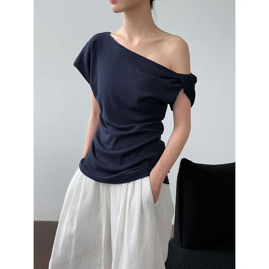 Luxi, waffle asymmetrical slanted shoulder kink T-shirt women's summer new slim and thin Spice Girl top thin 2703