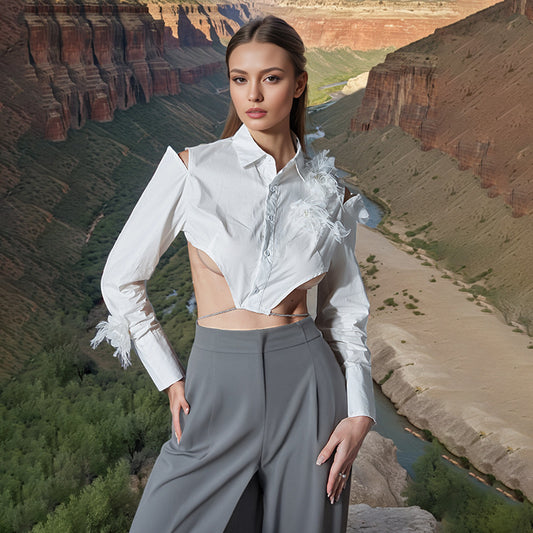 2025 early spring new fashion off-the-shoulder feathers irregular design sense lace-up halter shirt top women