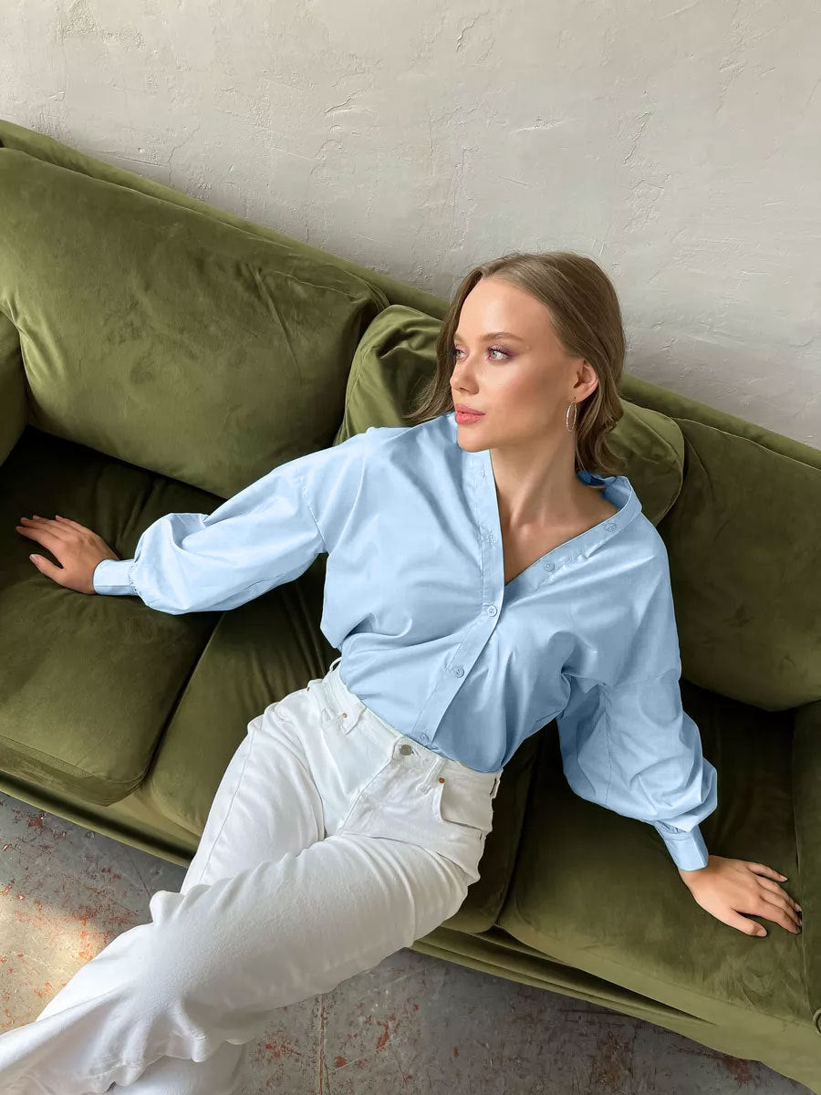 VLOVELAW lantern sleeve women's shirt Popular and 2025 popular summer lazy temperament commuting versatile round neck lantern sleeve shirt