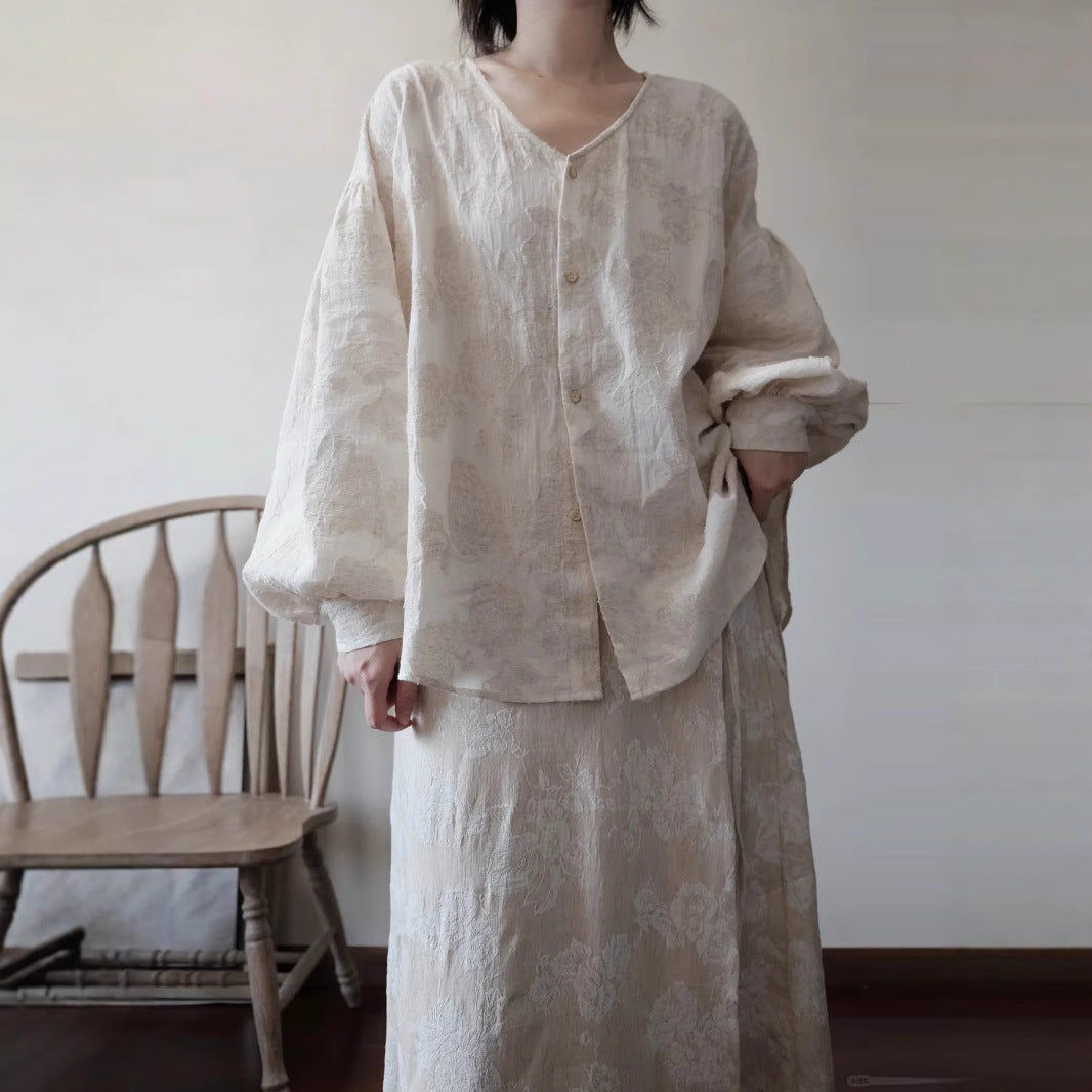 Set Spring cut lantern sleeve shirt B0217 two-piece set embroidered one-piece strap skirt B0218