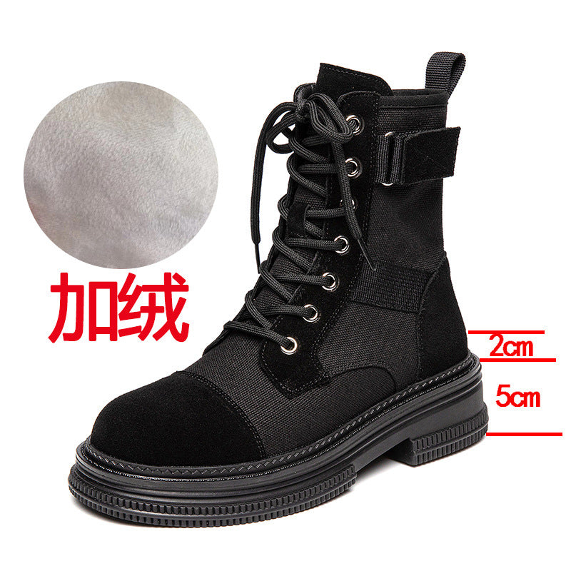 Leather Martin Boots Women's Spring New Height Increasing Insole Canvas Women's Boots Thick Bottom Side Zipper Fleece-lined Short Desert Boots