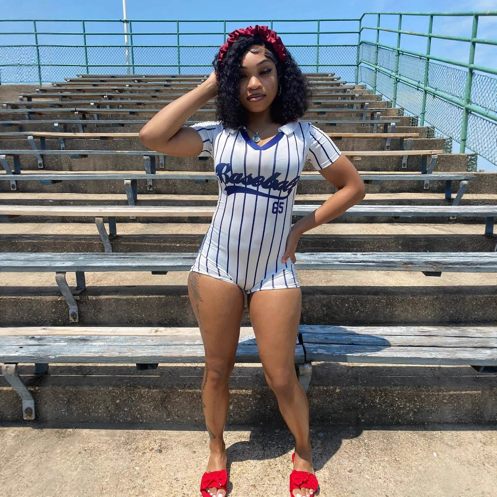 summer new women's clothing New Popular trade Spice Girls printed striped slim top hip shorts jumpsuit