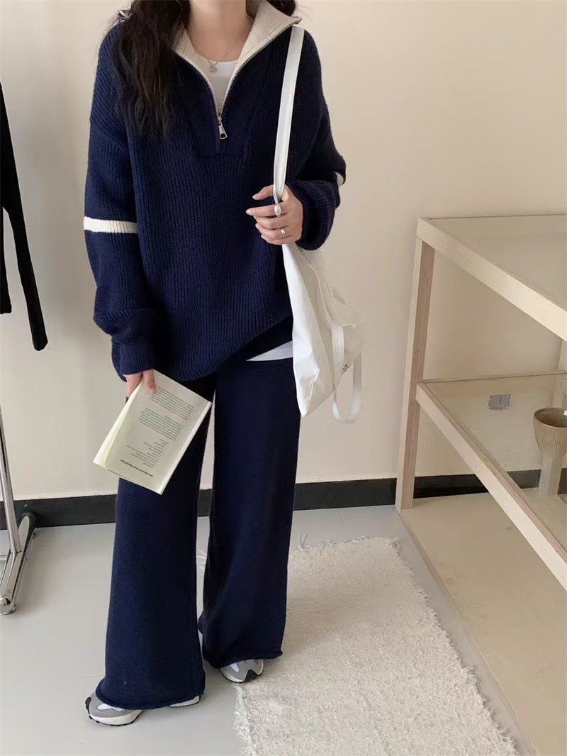 VLOVELAW Autumn and winter casual knitted suit women's New new pullover half zipper contrasting color lapel sweater wide-leg pants two-piece set