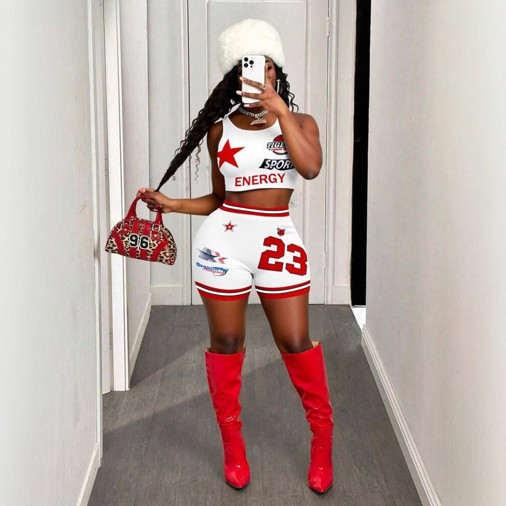new summer New sexy Spice Girls printed suspender top vest waist hip shorts suit women