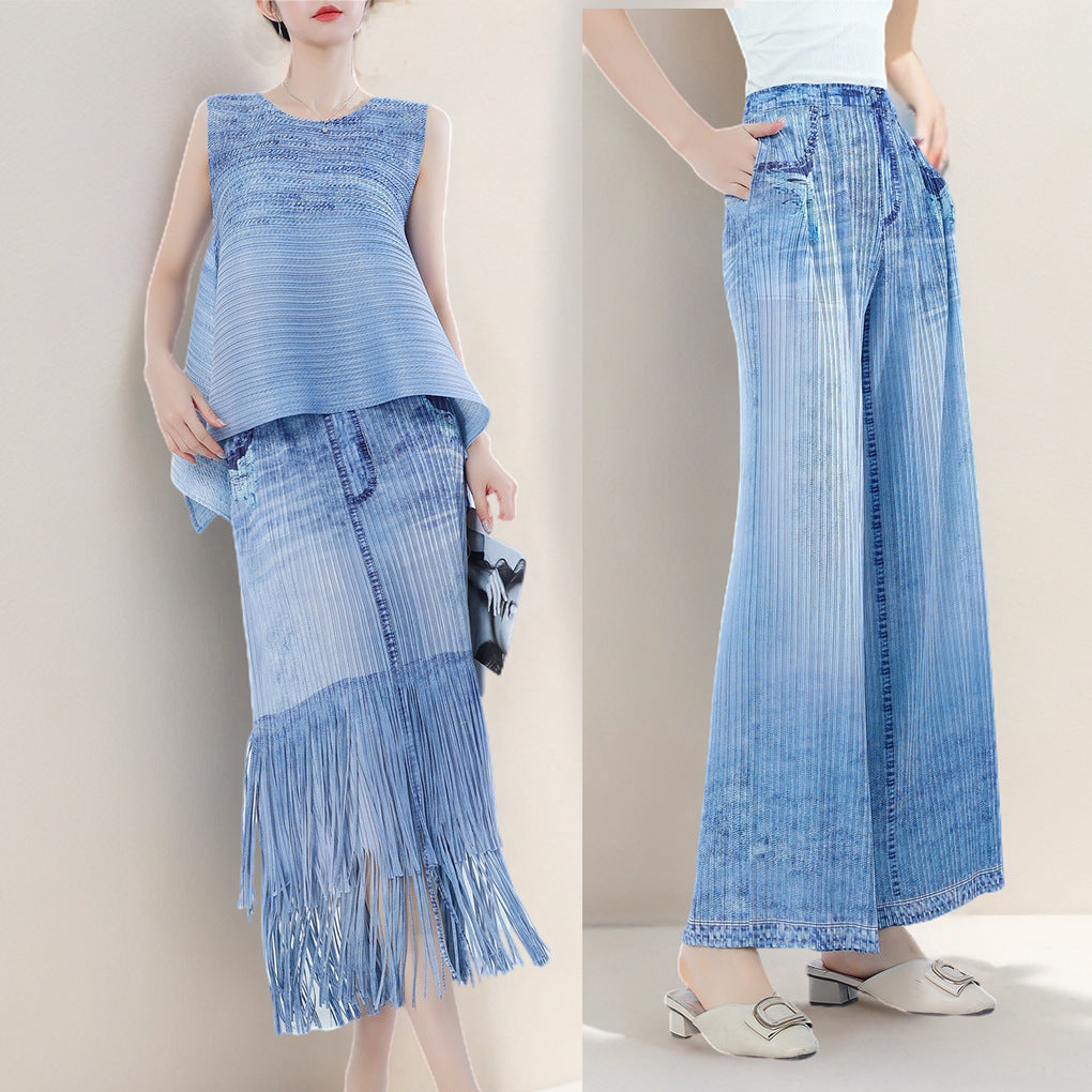 2025 Denim suit summer two-piece set women's fashion new irregular loose T-shirt top fringed hip skirt tide